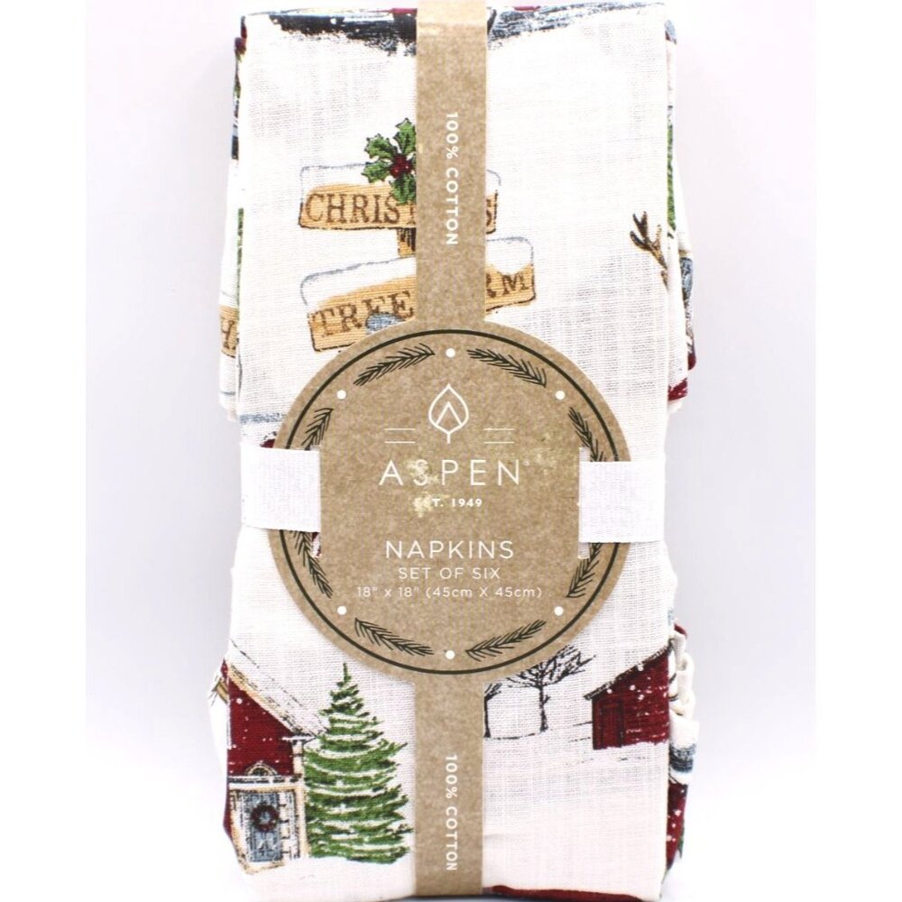 NEW Aspen 100% Cotton Napkins Holiday Christmas Tree Farm Set Of Six 18x18" NWT